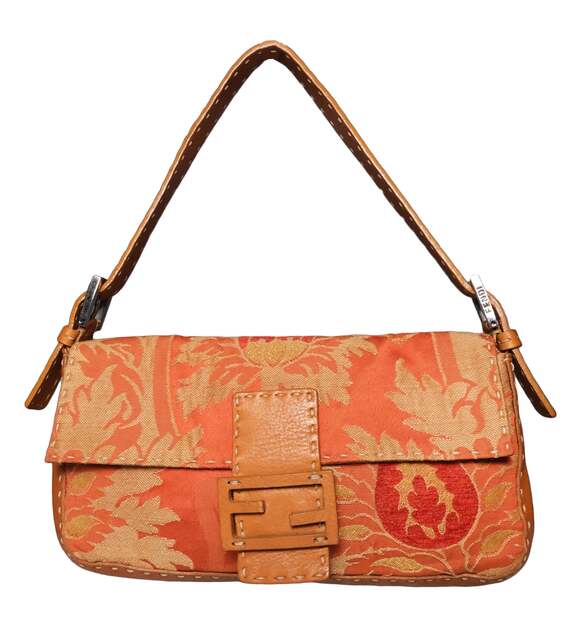 Fendi Handbags - Fendi Selleria Orange Floral Damask Jacquard Baguette